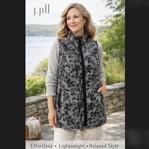 J. Jill Down Puffer Vest Small Black Floral Houndstooth Quilted Cottage Boho NWT